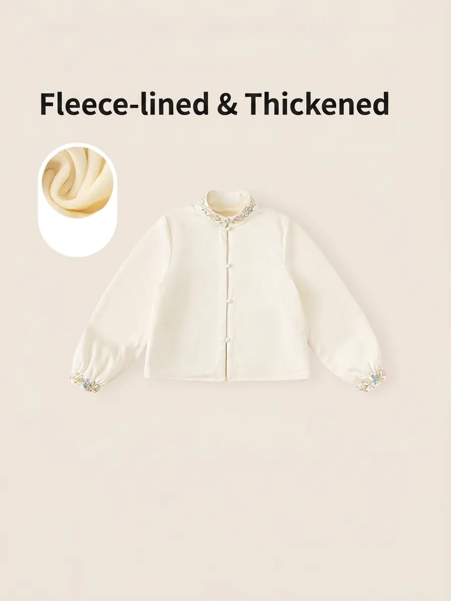 Girls New Chinese Style Fleece Shirt Traditional Floral Embroidery Stand Collar Long Sleeve Thickened Warm Blouse Top Winter