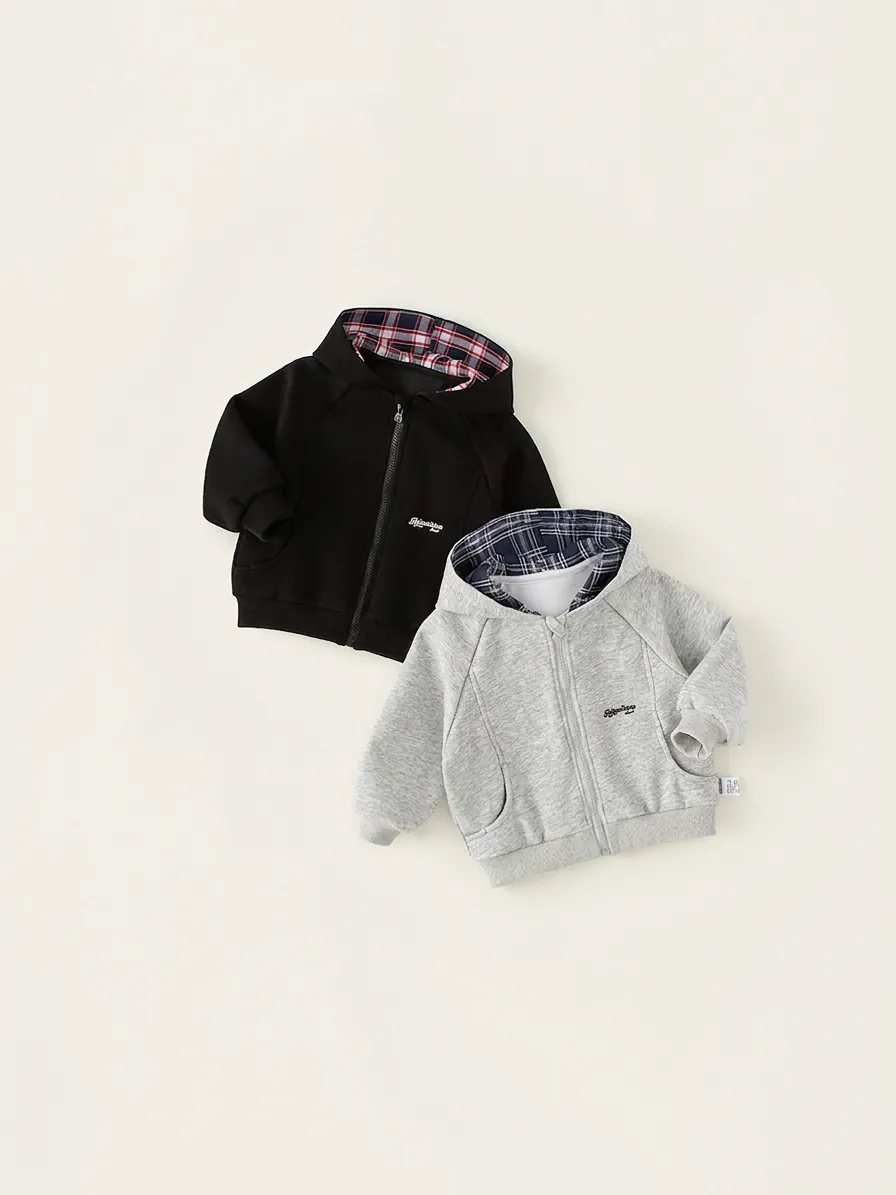 Children Hooded Sweatshirt Cotton Blend Plaid Lining Zipper Jacket For Boys Girls Casual Long Sleeve Outerwear Sporty Top