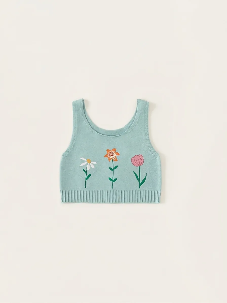 Gilet en Tricot pour Enfants Filles Avec Broderie Florale Pull sans Manches Haut en Tricot Vert Menthe Vêtements Printemps Automne