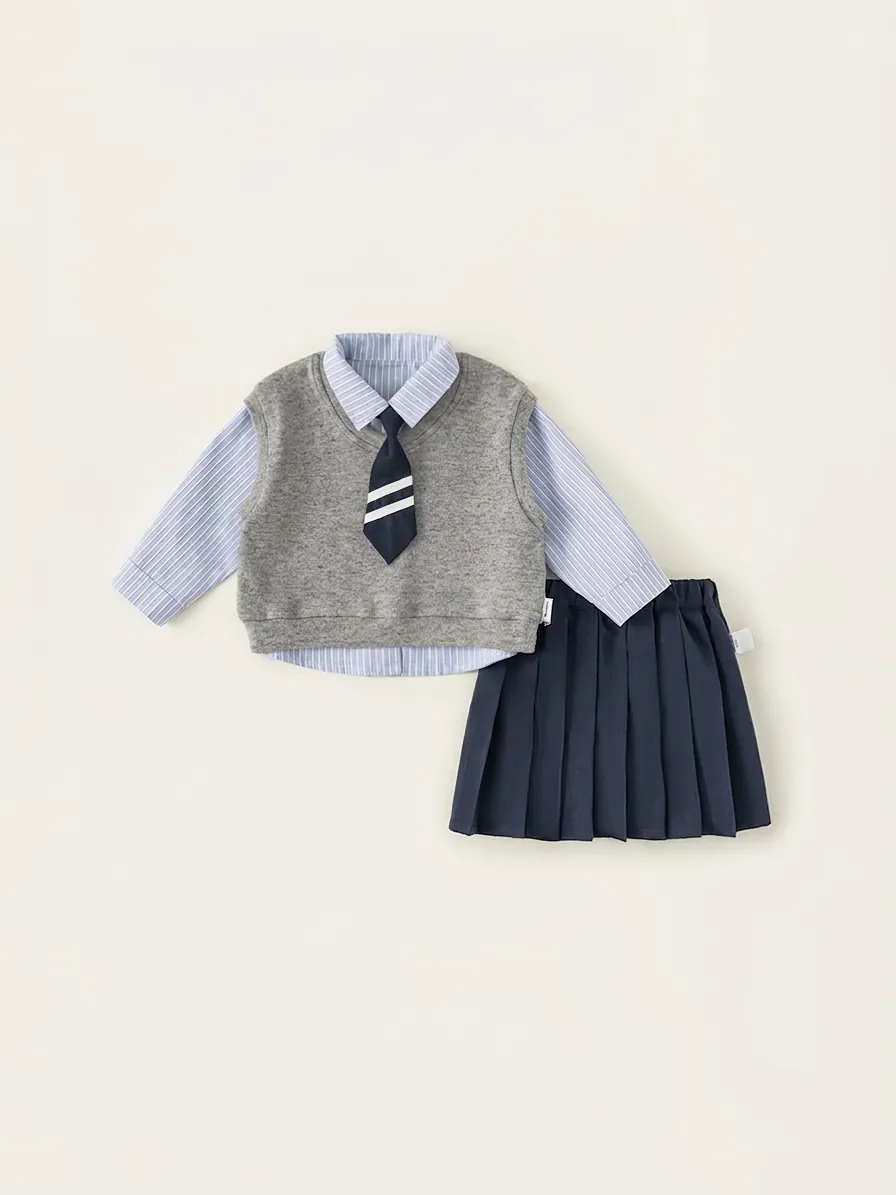 Girls Academic School Uniform Set Striped Long Sleeve Shirt Knitted V Neck Vest Pleated Skirt Pants With Tie Preppy Kids Outfits
