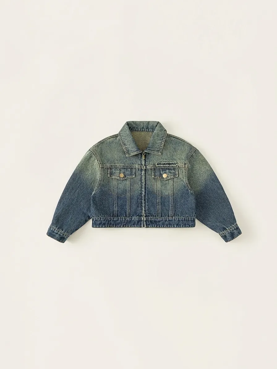 Girls Vintage Wash Denim Jacket Gradient Embroidered Letter Cropped Cargo Coat Fashion Long Sleeve Cotton Outwear