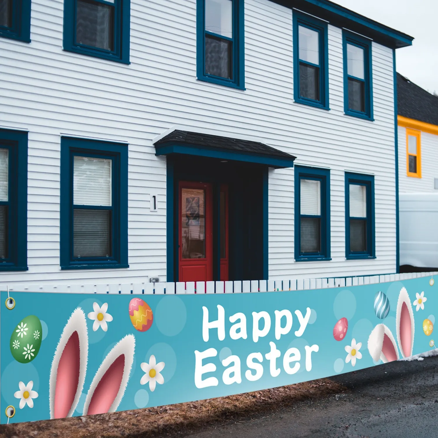 Happy Easter Banner Polyester Outdoor Garden Fence Decoration Colorful Bunny Egg Pattern Holiday Party Celebration Sign