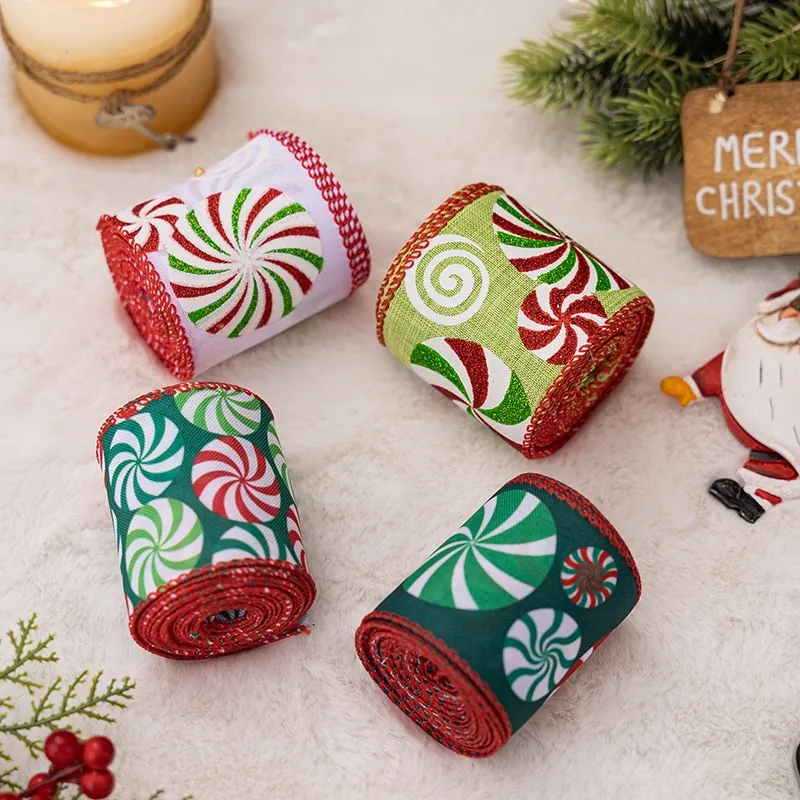 Weihnachtsband Pfefferminzstrudel Druck Drahtkante Glitzer Sackleinen Stoffband Für Geschenkverpackung Feiertagsdekoration DIY Schleifen