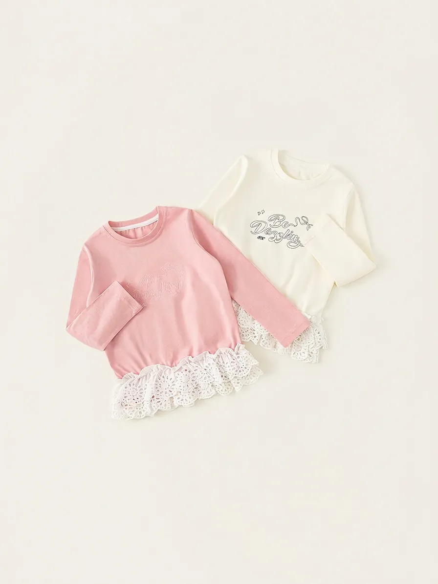Mädchen Süße Baumwolle Langarm T-Shirt Mit Spitzenbesatz Saum Buchstaben Druck Rundhals Pullover Top Für Kinder