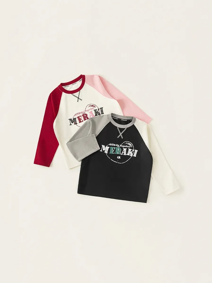 Kids Raglan Sleeve T-Shirt Cotton Blend Color Block Long Sleeve Casual Sporty Printed Base Layer Top For Girls Boys