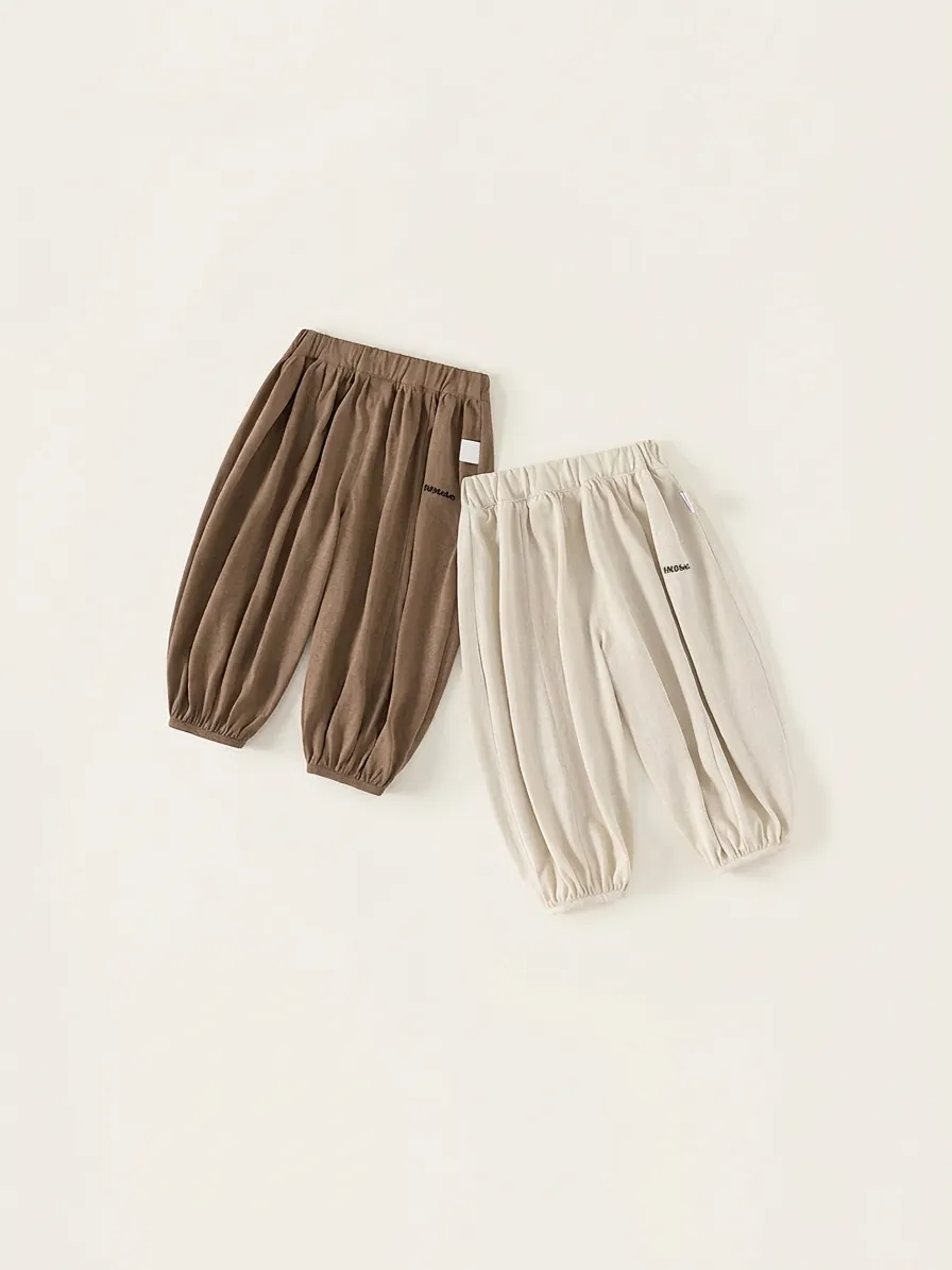 Pantalon Lanterne Doux en Mélange de Coton pour Enfants Garçons Filles Taille Élastique Ample Décontracté Pantalon à Revers Été