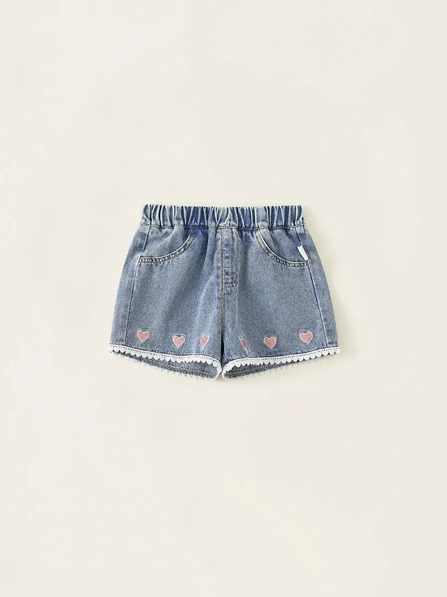Girls Sweet Denim Shorts Heart Embroidered Lace Trim Summer Casual Cotton Blend Thin Jeans Shorts For Toddlers Kids