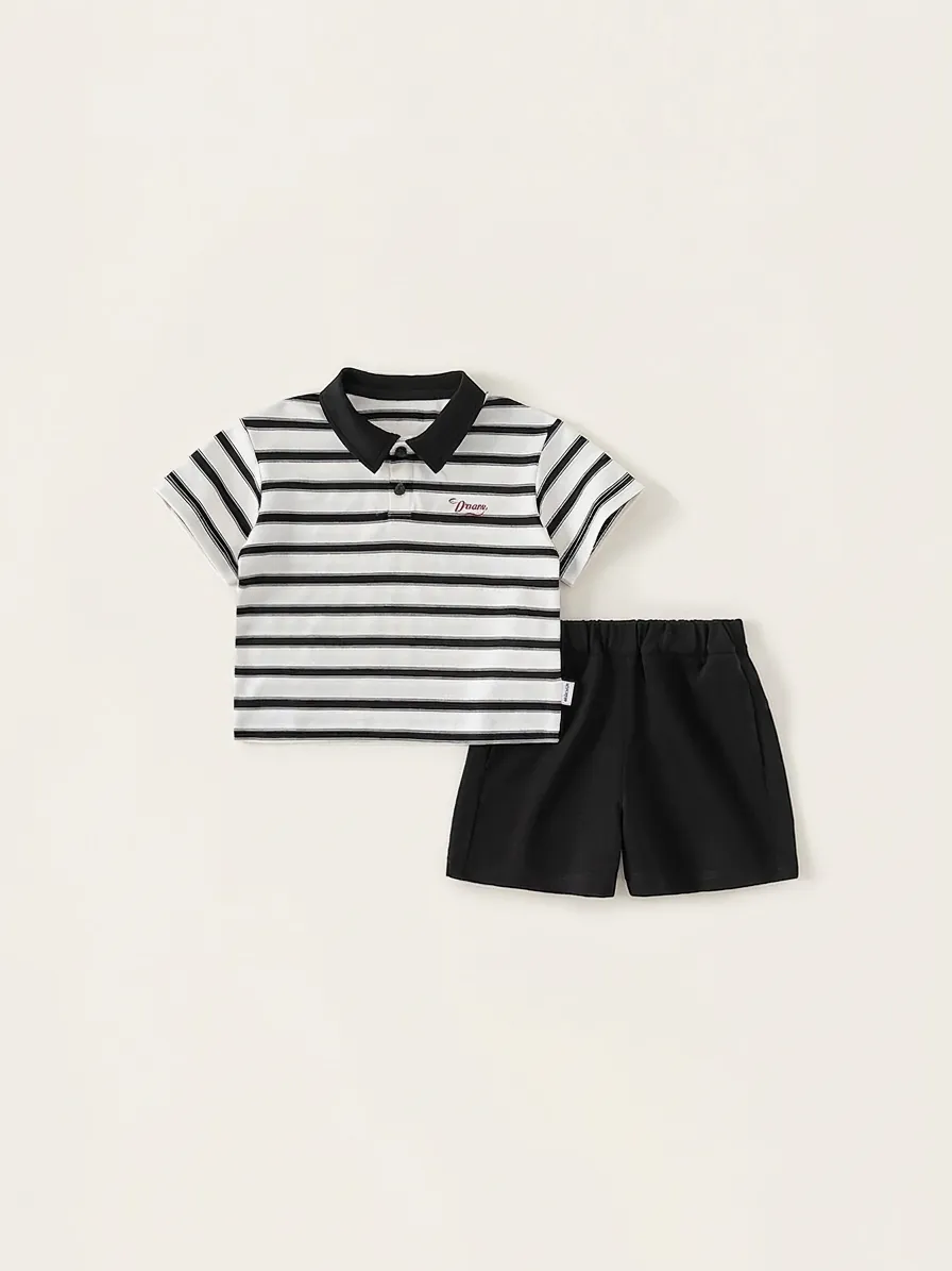 Kids Summer Striped Polo Shirt With Shorts Cotton Breathable Casual Embroidered Outfits For Boys Girls Clothing