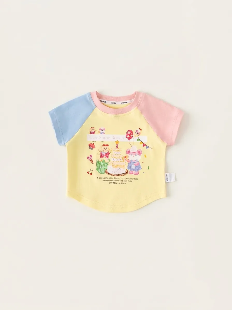 Girls Summer Short Sleeve T-Shirt Cotton Blend Color Block Cartoon Bear Print Round Neck Casual Kids Clothing Pullover Top