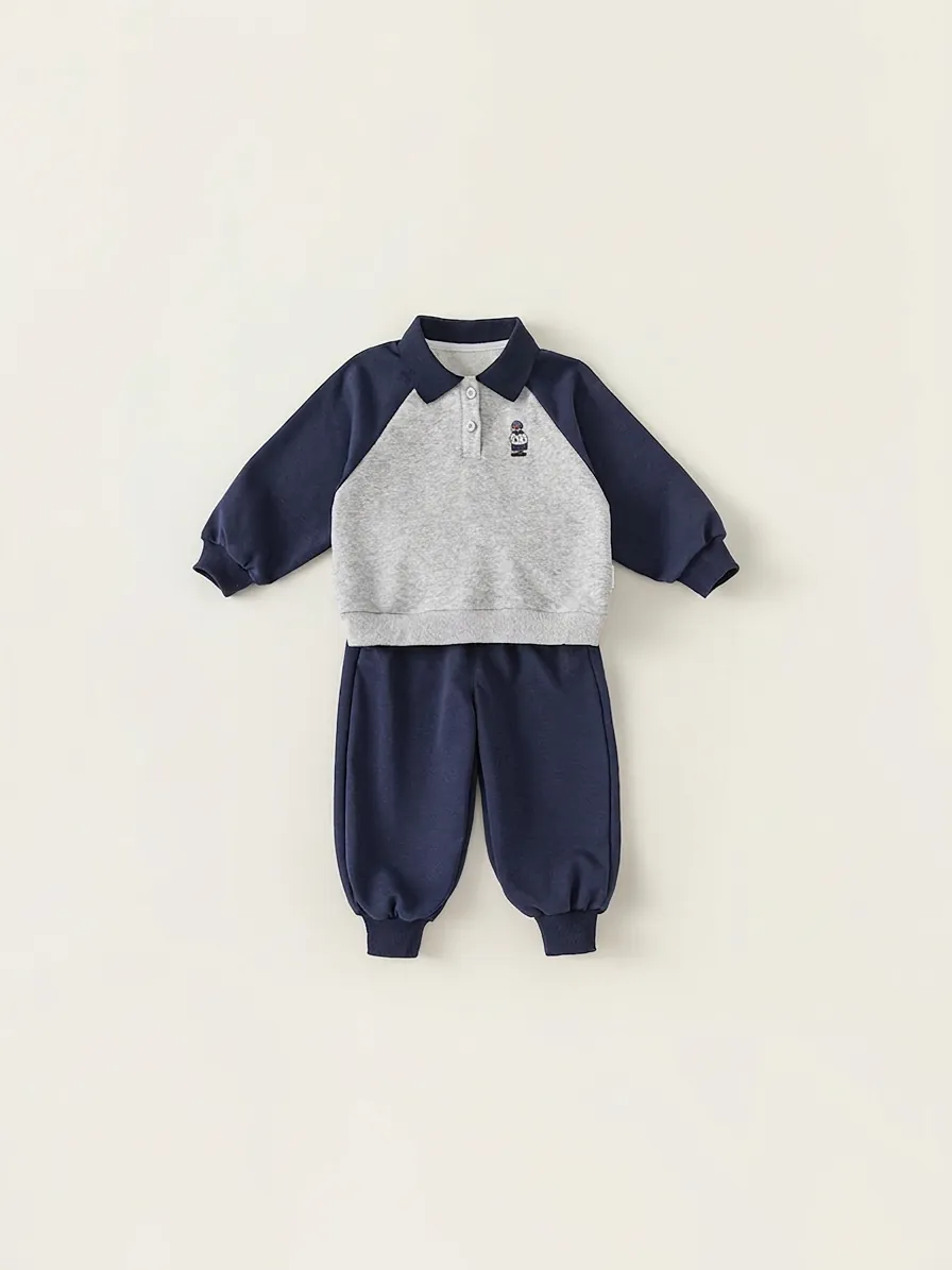 Ensemble Deux Pièces Sweat Polo et Pantalon Décontracté pour Garçons Style Preppy Bloc de Couleur Broderie Ours