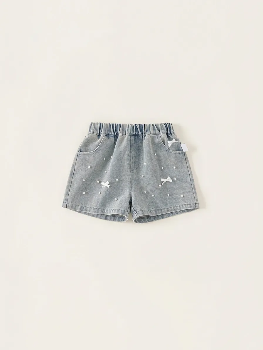 Pantaloncini Di Jeans Bambina Blu Chiaro Con Fiocco Bianco Perla Artificial Accenti Vita Elastica Estate Casual Cotone Bambini
