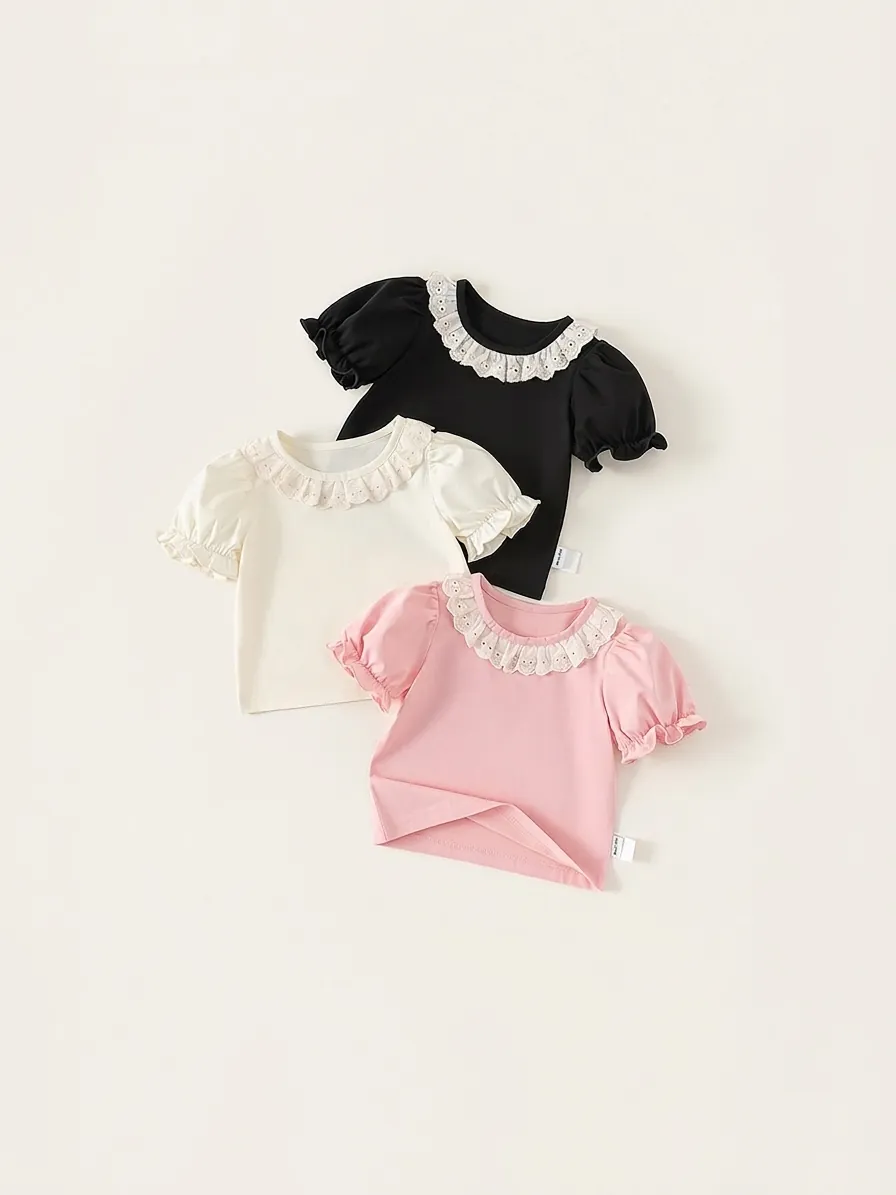 Girls Sweet Lace Collar Puff Sleeve T-Shirt Summer Solid Cotton Blend Breathable Soft Top For Toddler Kids Baby Girl