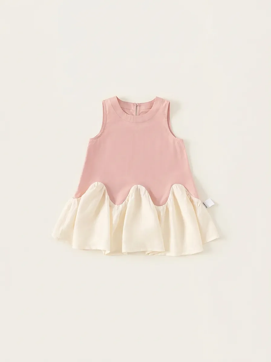 Mädchen Sommer Ärmelloses Kleid 100% Baumwolle Wellenförmiges Spleißen Farbblock Rüschensaum Süßer Koreanischer Stil Prinzessin Kleid