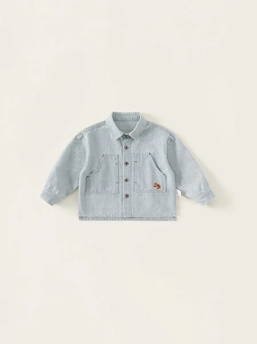 Boy Striped Denim Shirt With Regenerated Cellulose Fiber Lapel Collar Double Pockets Squirrel Embroidery Casual Top
