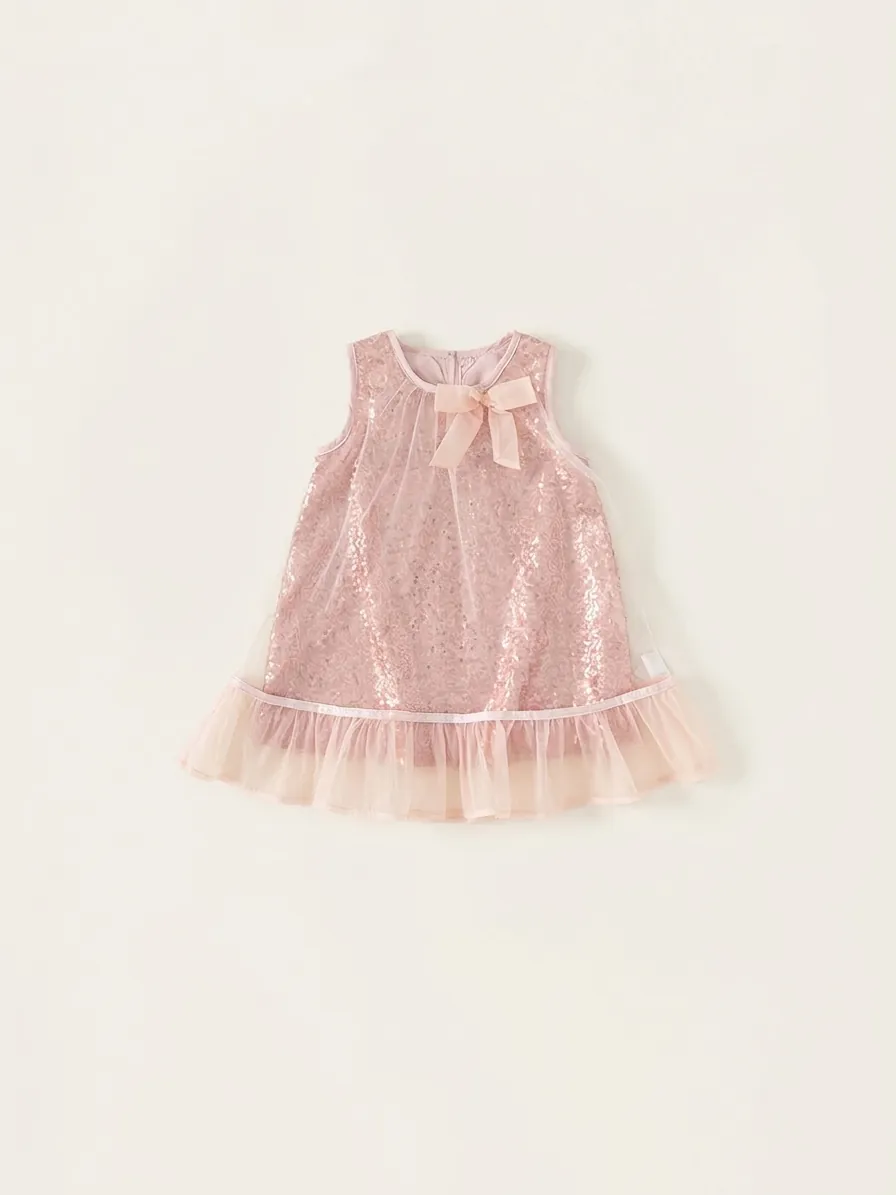 Robe de Princesse à Paillettes Roses pour Filles Sans Manches Robe Tutu en Maille Avec Nœud Douce Robe d'Été pour Enfants