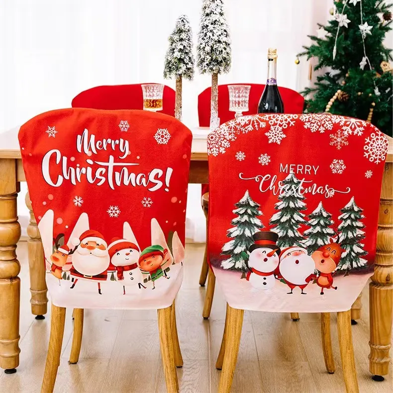 Christmas Chair Back Covers Red Polyester Santa Claus Snowman Printed Dining Room Table Seat Protective Decorative Slips