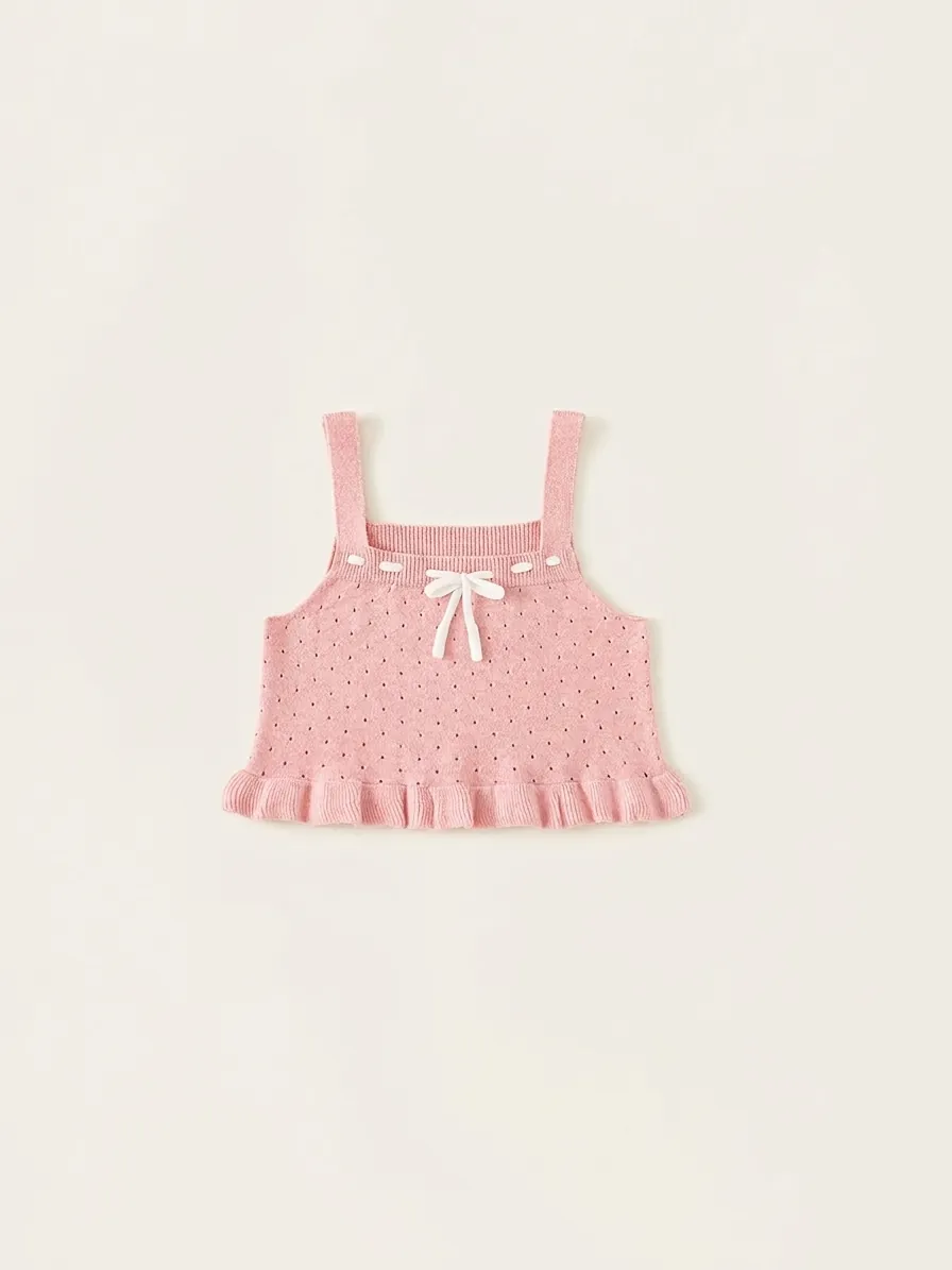 Canotta in Maglia Rosa Dolce per Bambine Con Fiocco E Volant Top Senza Maniche a Maglia Traforata per Bambini