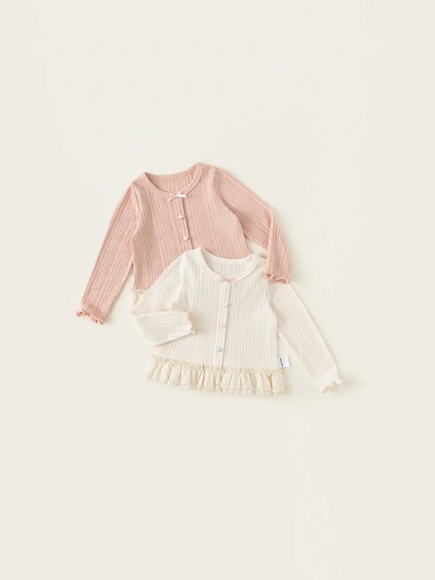 Girls Sweet Ribbed Knit Long Sleeve T-Shirt Heart Button Ruffle Hem Lace Bow Top Baby Spring Autumn Solid Color Clothing