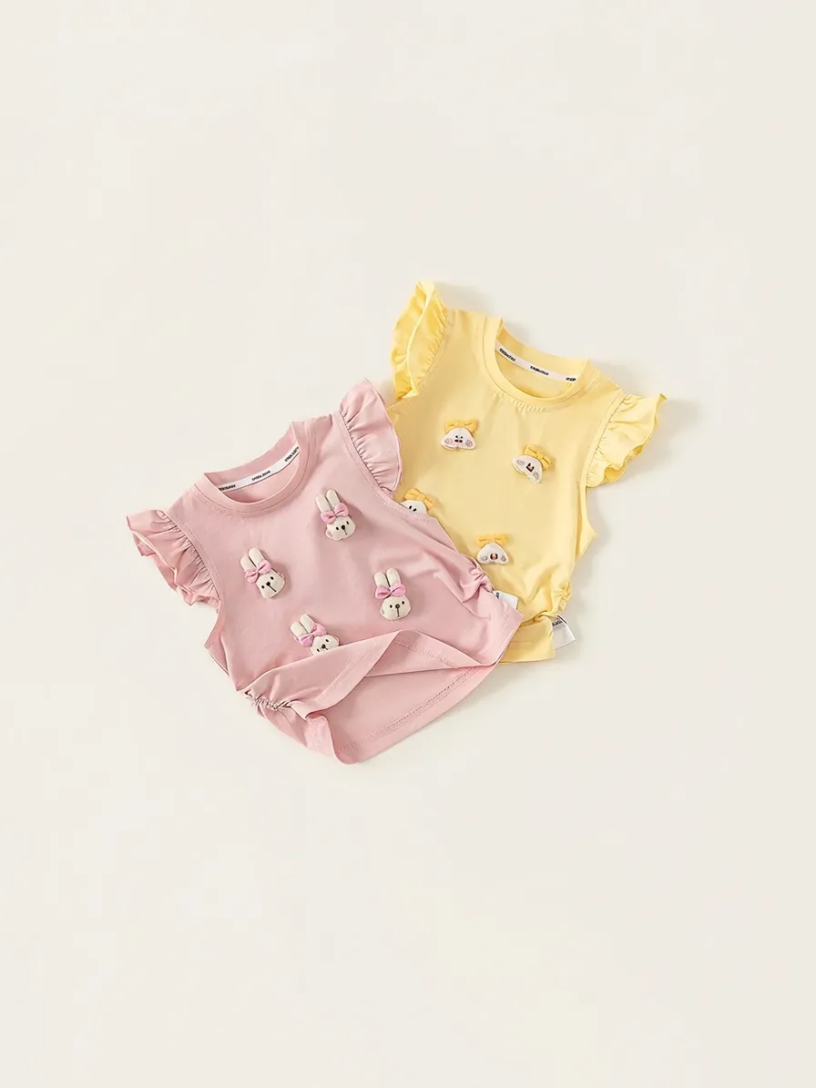 Girls Summer Cotton Sleeveless T-Shirt 3D Rabbit Patch Fly Sleeve Top Cute Toddler Casual Vest