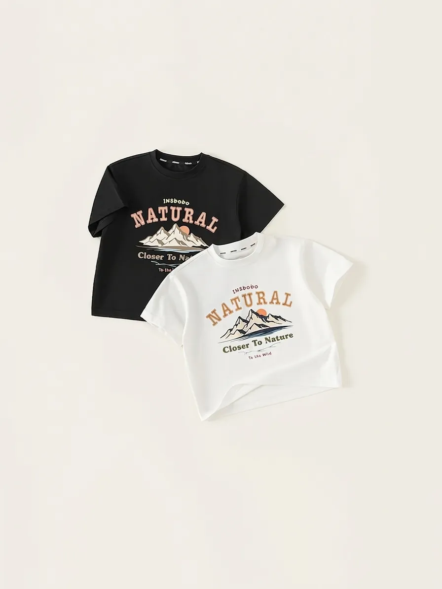 Boys Casual Cotton Blend Short Sleeve T-Shirt Retro Nature Mountain Letter Print Round Neck Summer Tee Top For Kids
