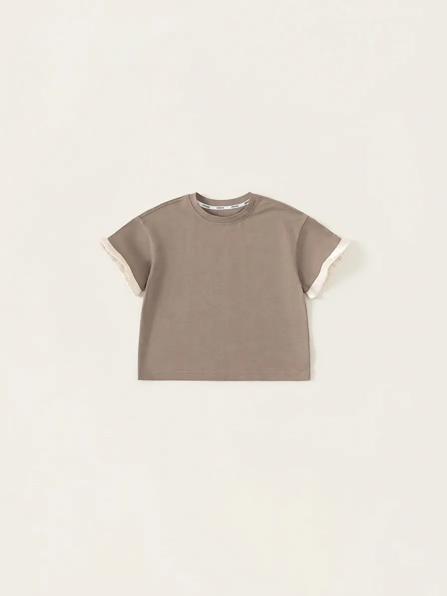 Girls Cotton Ruffle Sleeve Patchwork T-Shirt Fashion Casual Solid Color Round Neck Summer Short Sleeve Top For Kids