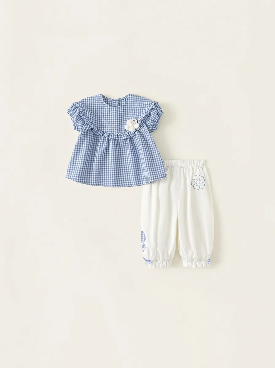 Girls Summer 2-Piece Plaid Set Short Sleeve Ruffle Top and White Casual Pants Sweet Cotton Blend Floral Outfit for Kids