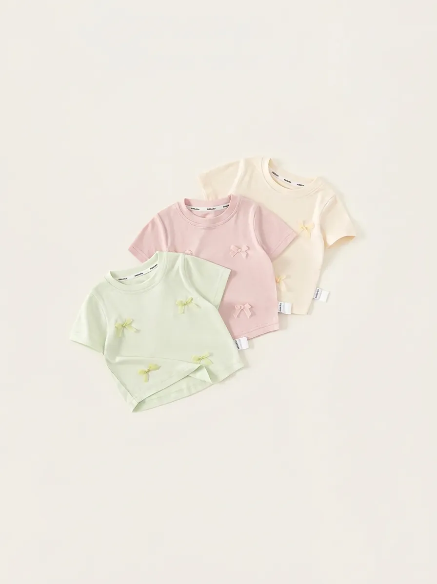 Mädchen Sommer Viskose Kurzarm T-Shirt Mit 3D-Schleifen Süßes Rundhals Lässiges Atmungsaktives Oberteil Für Kinder