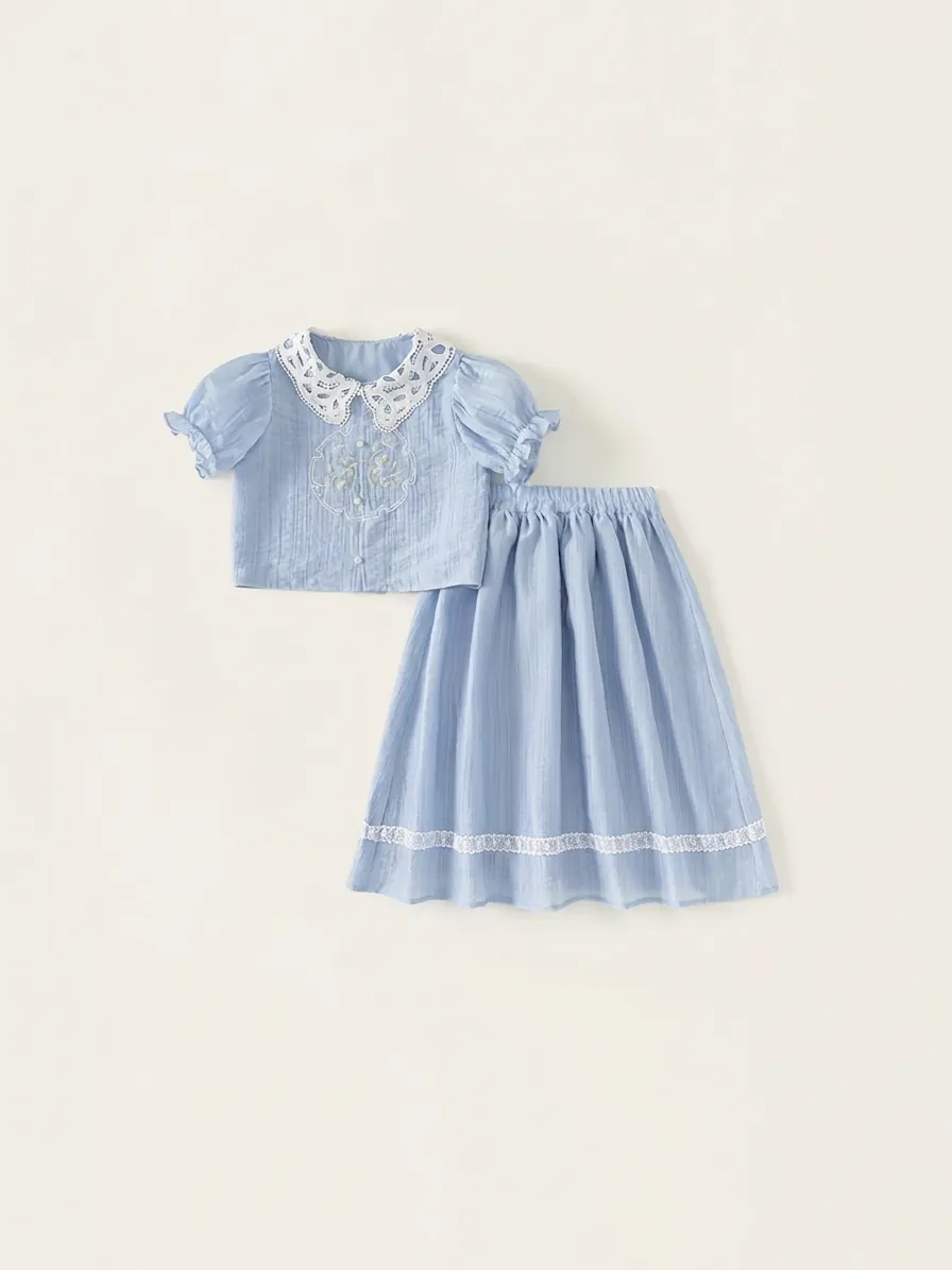 Girls Summer Lyocell Clothing Set Floral Embroidery Lace Peter Pan Collar Shirt And Skirt Two Piece Kids Elegant Outfit