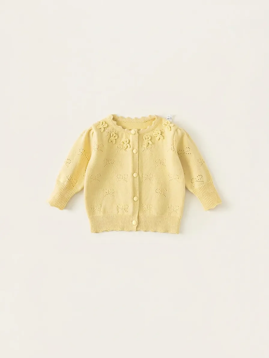 Sweet Girls Knit Cardigan Sweater Ruffle Round Neck Long Sleeve Single Breasted Hollow Out Bow Acrylic Blend Coat Spring Autumn