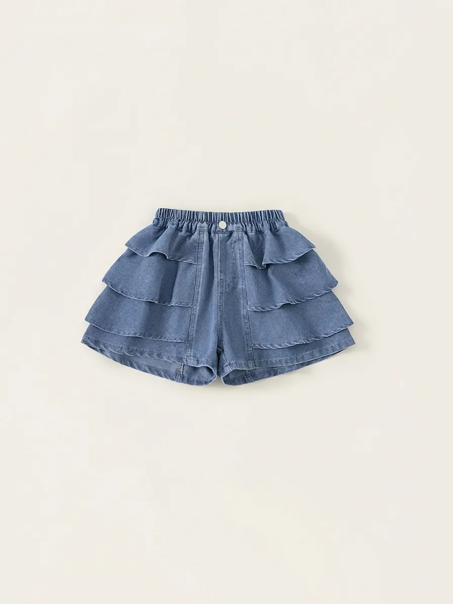 Girls Cotton Denim Skorts Summer Casual Denim Blue Triple Layer Ruffle Tiered Skirt Shorts Elastic Waist Top For Kids