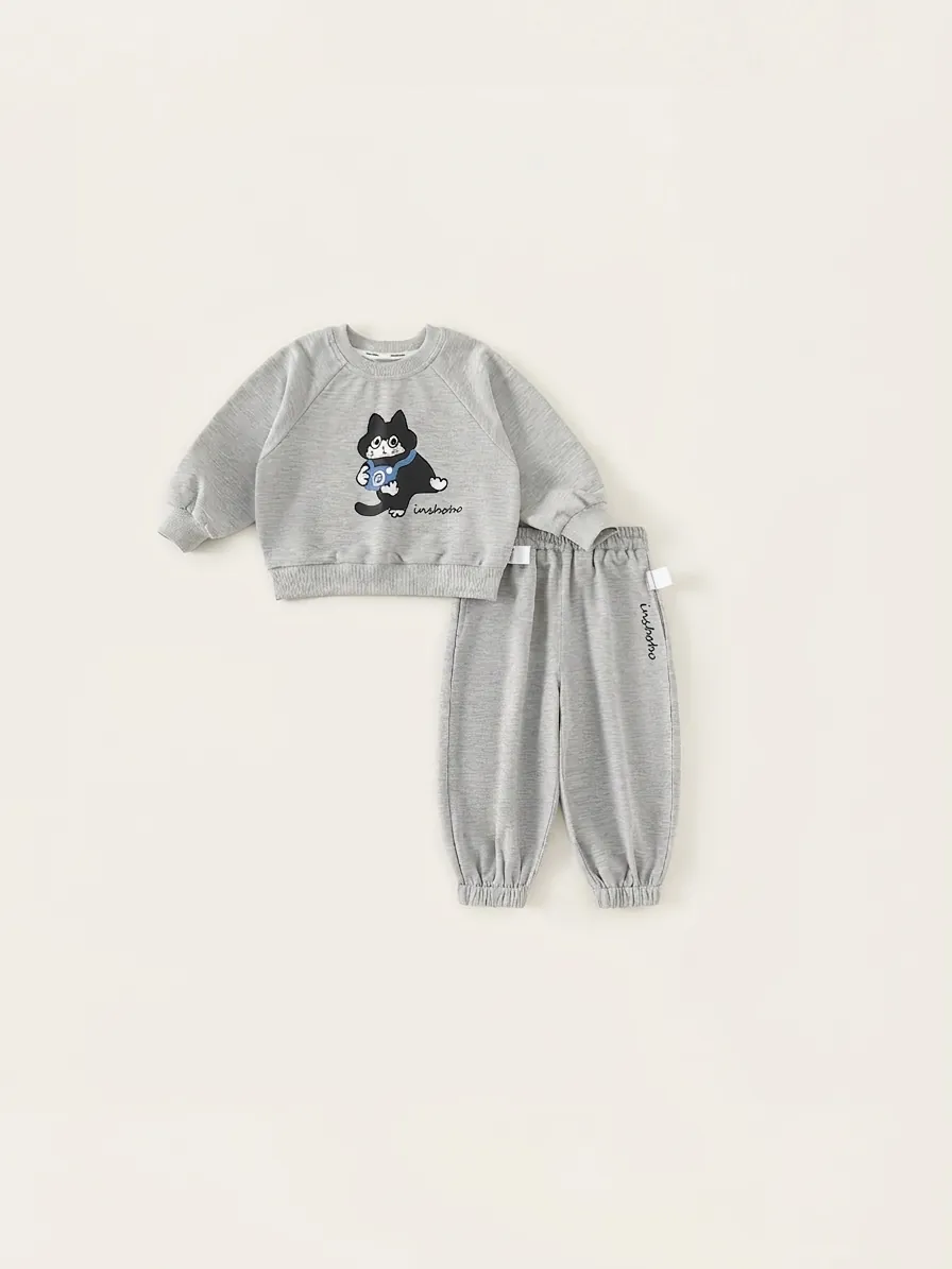 Boys Casual Two Piece Sweatshirt Set Grey Cartoon Cat Printed Pullover And Jogger Pants Spring Autumn Kids Clothing