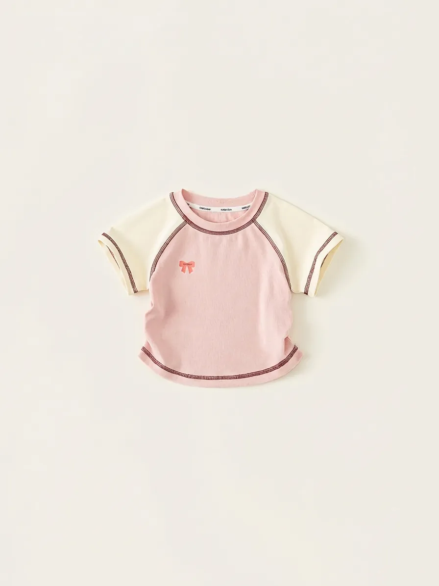 Girls Casual Cotton Color Block Raglan Sleeve T-Shirt Cute Bow Print Pink White Contrast Stitching Summer Short Sleeve Top