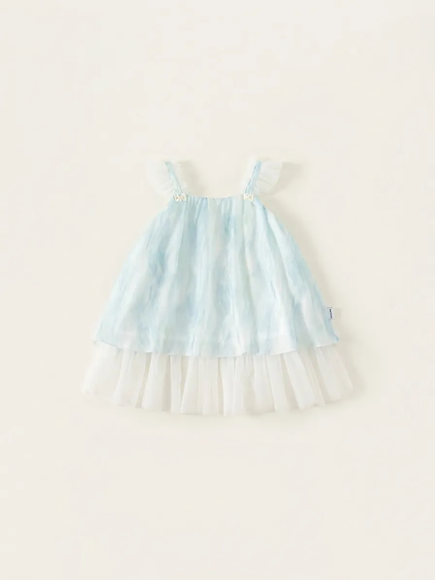 Robe à Bretelles d'Été pour Filles Patchwork en Fil de Filet Dégradé Bleu Nœud Künstliche Perle Princesse Fête Sans Manches