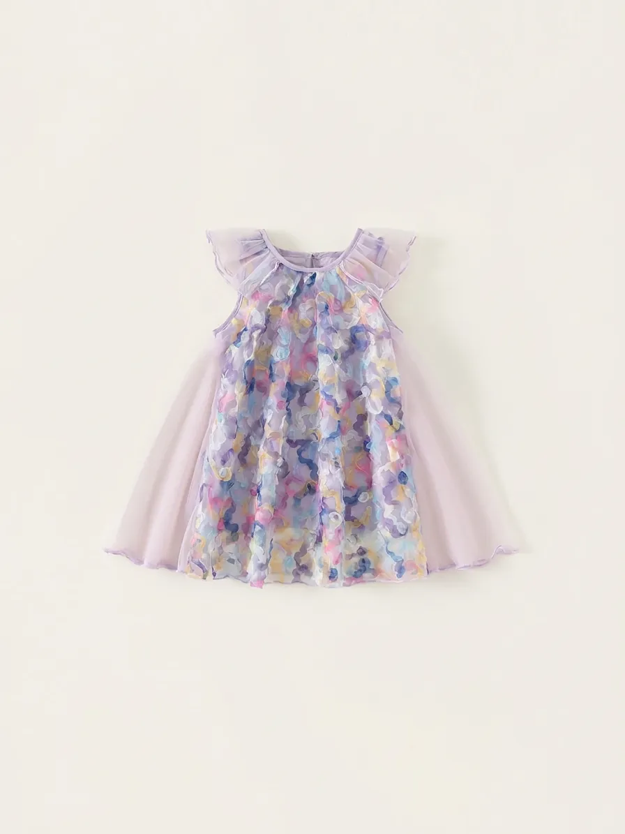 Girls Summer Sleeveless Mesh Princess Dress 3D Flower Applique Purple A-Line Fairy Party Dress For Toddler Kids