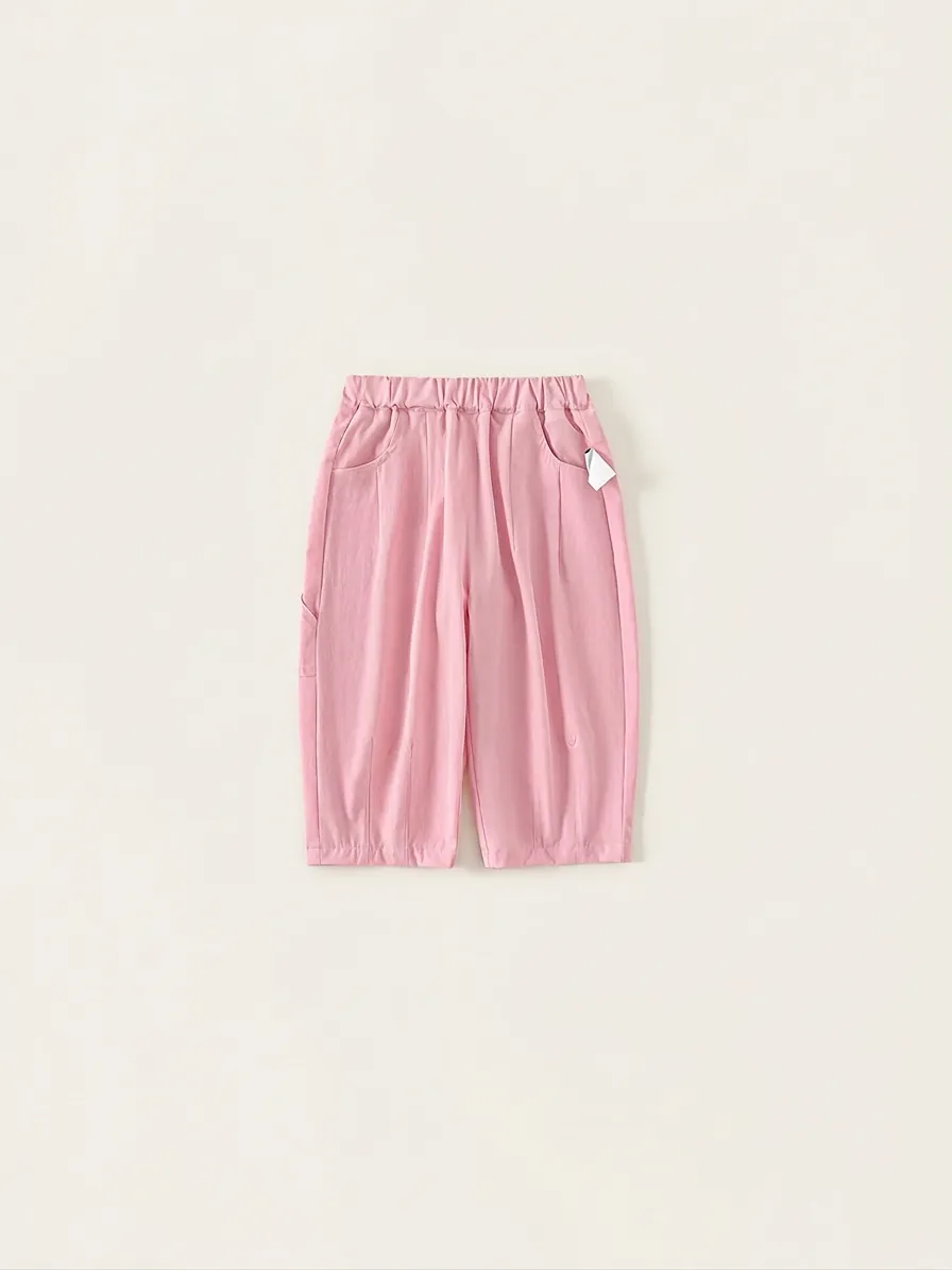Girls Pink Casual Long Pants Nylon Spandex Soft Breathable Elastic Waist Cuffed Pants Sweet Heart Embroidery Kids Clothing