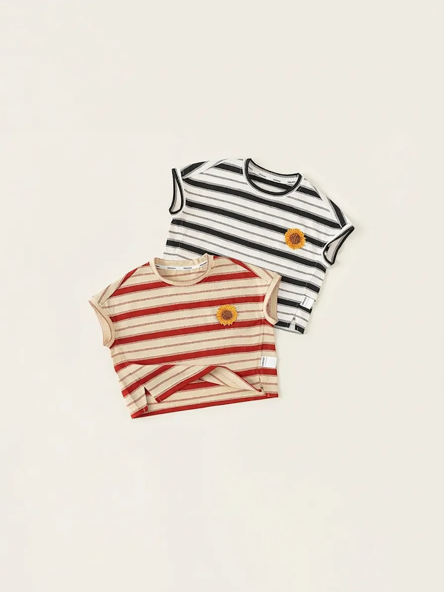 T-Shirt Enfant Rayé Avec Patch de Tournesol Vintage Coton Décontracté Manches Courtes Col Rond Été Haut Pull