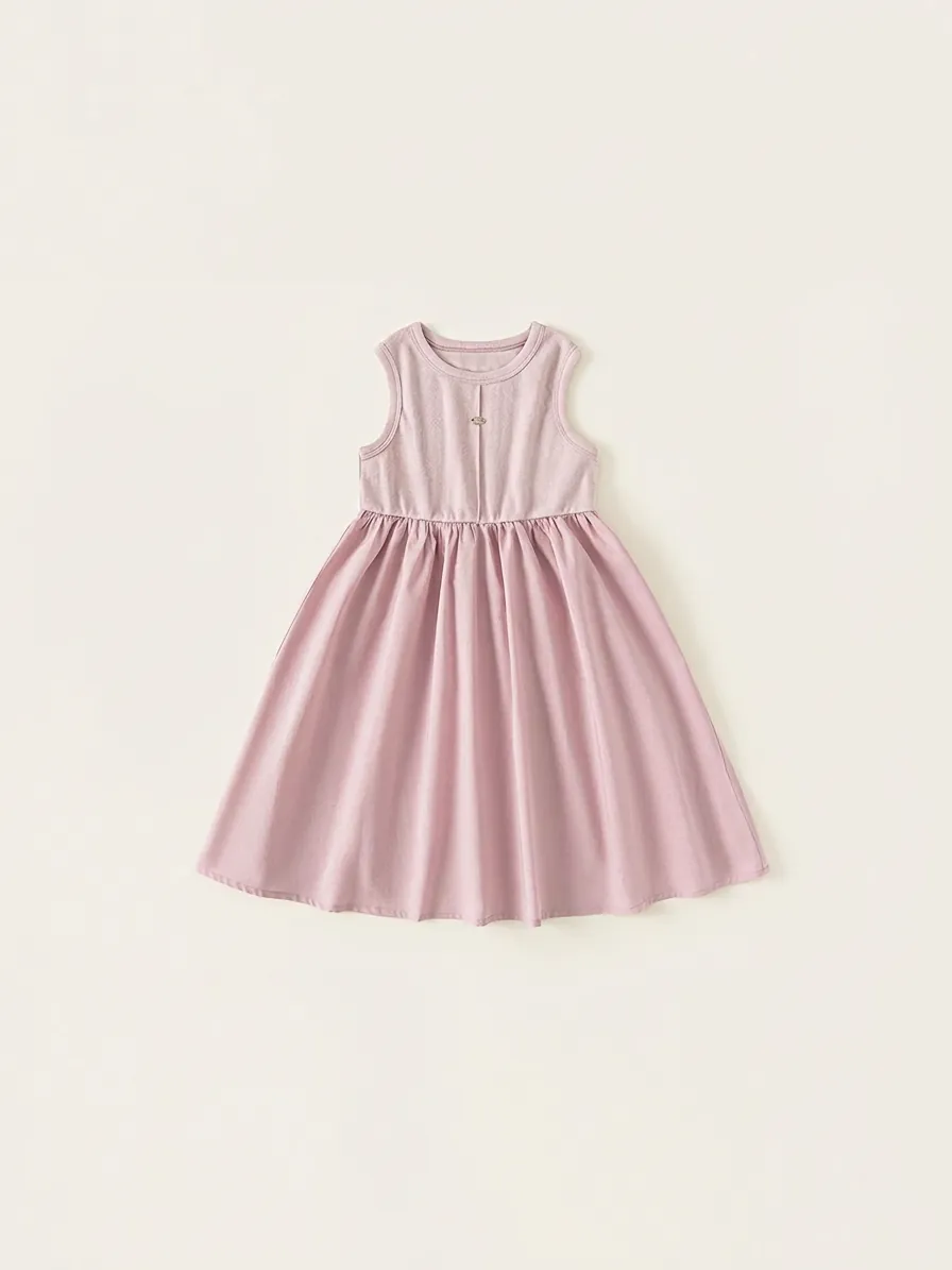 Abito Lungo Patchwork Senza Maniche Estivo da Ragazza Minimalista Tinta Unita Rosa Porpora Misto Cotone Comodo Prendisole da Principessa
