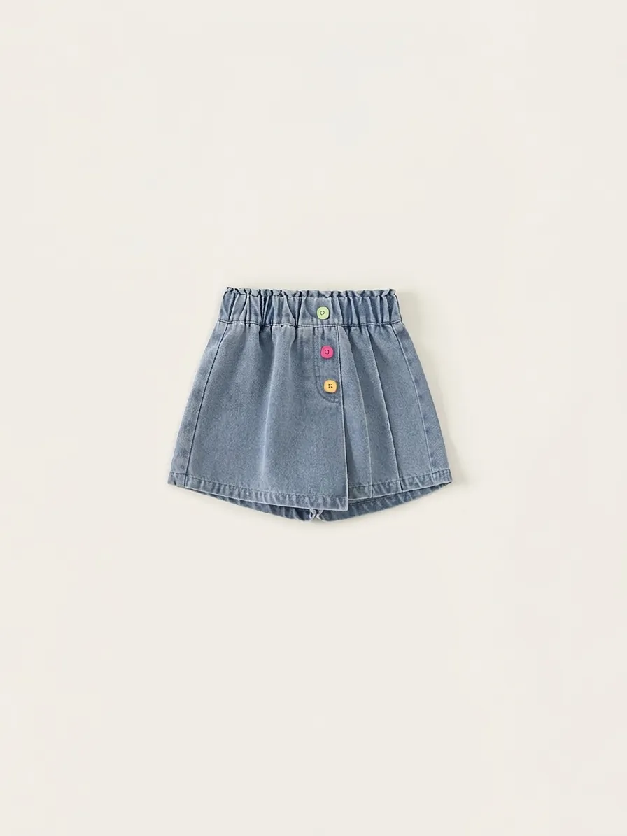 Gonna Pantalone in Denim Estiva per Ragazza in Misto Cotone Blu Chiaro Pantaloncini Casual Con Bottoni Colorati Vita Elastica Bambina Moda Gonna a trapezio