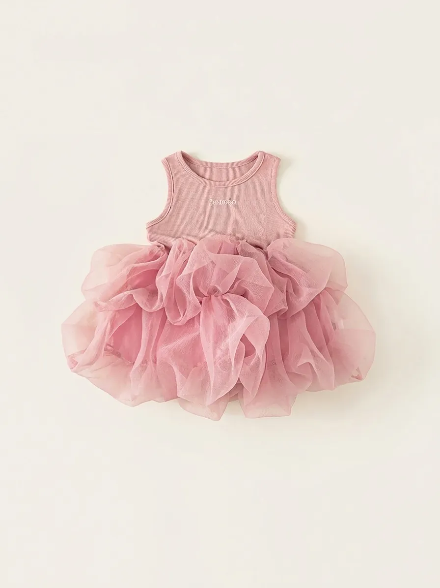 Girls Pink Princess Tutu Dress Sleeveless Mesh Patchwork Summer Party Dress Ribbed Knit Tutu Skirt For Toddler Children