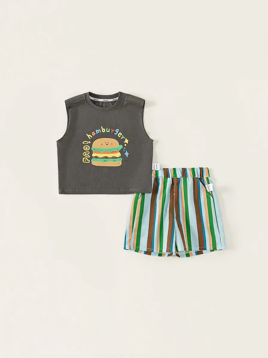 Ensemble de Vêtements d'Été pour Garçons Débardeur en Coton à Imprimé Hamburger et Short Rayé Multicolore pour Enfants
