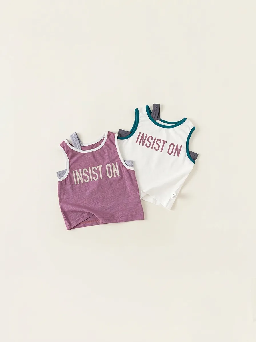 Débardeur sans Manches pour Filles Été Décontracté Bloc de Couleur Faux Deux Pièces Coton Imprimé Lettre T-Shirt Enfant