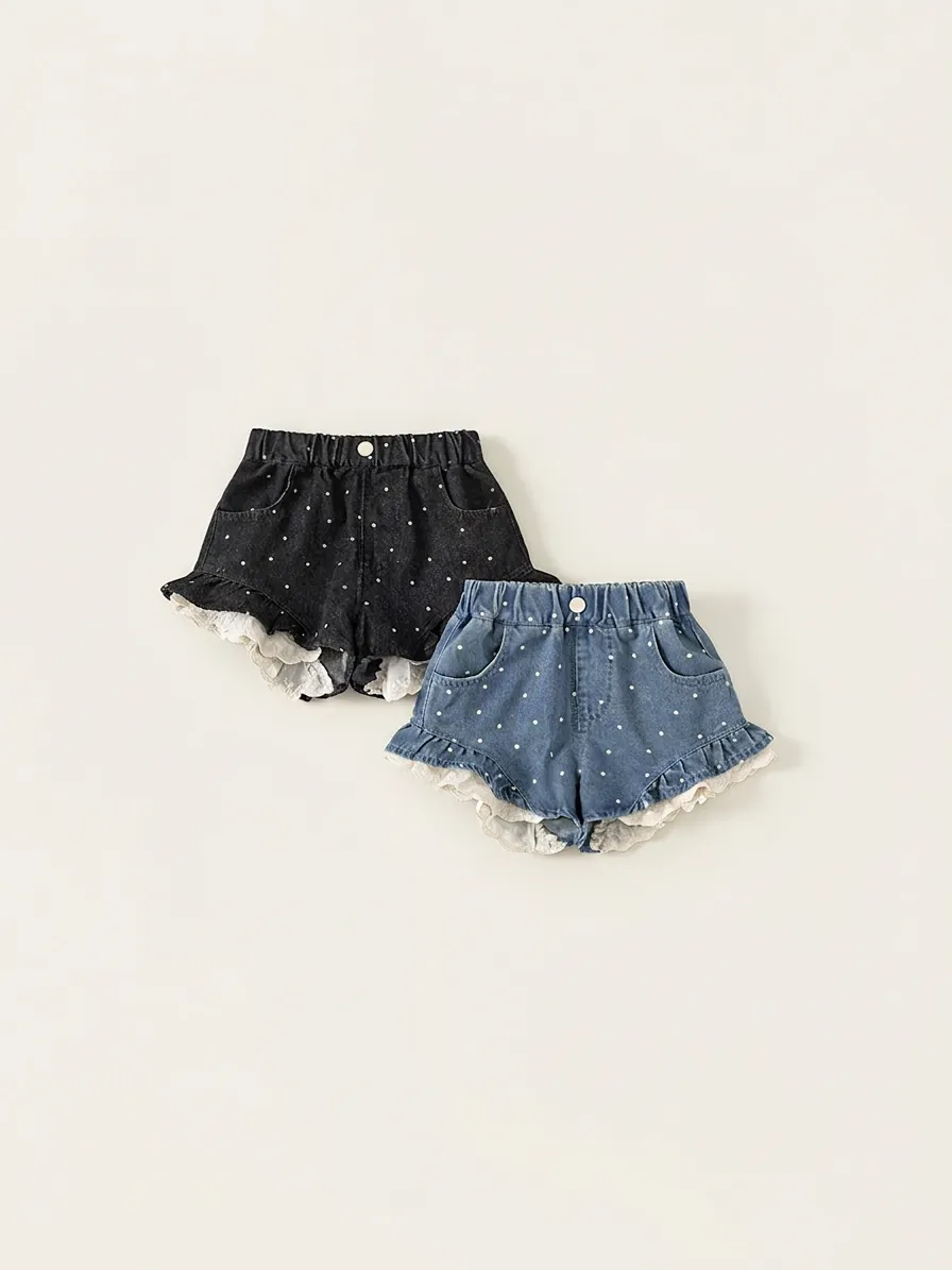 Mädchen Denim Shorts Mit Polka Dots Süßer Spitzenbesatz Rüschensaum Baumwollmischung Kinder Sommer Lässig Elastische Taille Jeans Shorts