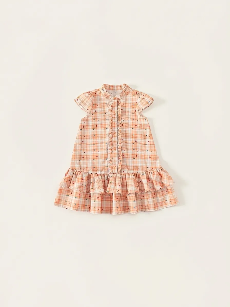 Girls Cotton Plaid Floral Dress Ruffle Tiered Summer Short Sleeve Standing Collar Sweet Pastoral Style Kids Clothes
