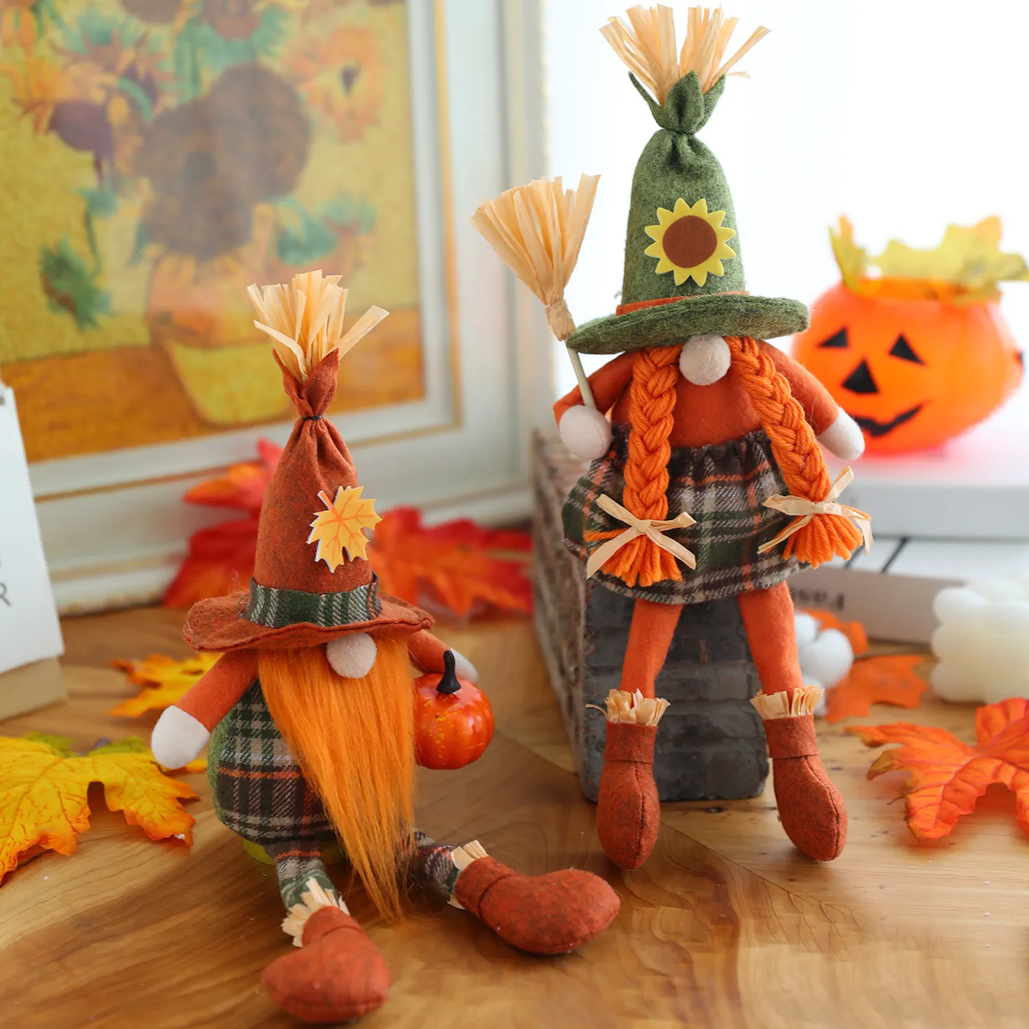 Autumn Harvest Gnome Doll Halloween Thanksgiving Faceless Witch Doll With Pumpkin Broom Sunflower For Home Party Decorations
