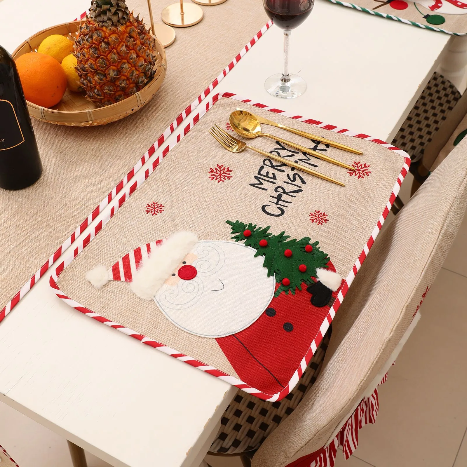 Embroidered Christmas Place Mats Linen Cloth Santa Claus Snowman Table Decoration For Home Hotel Dining Room Festive Ornament