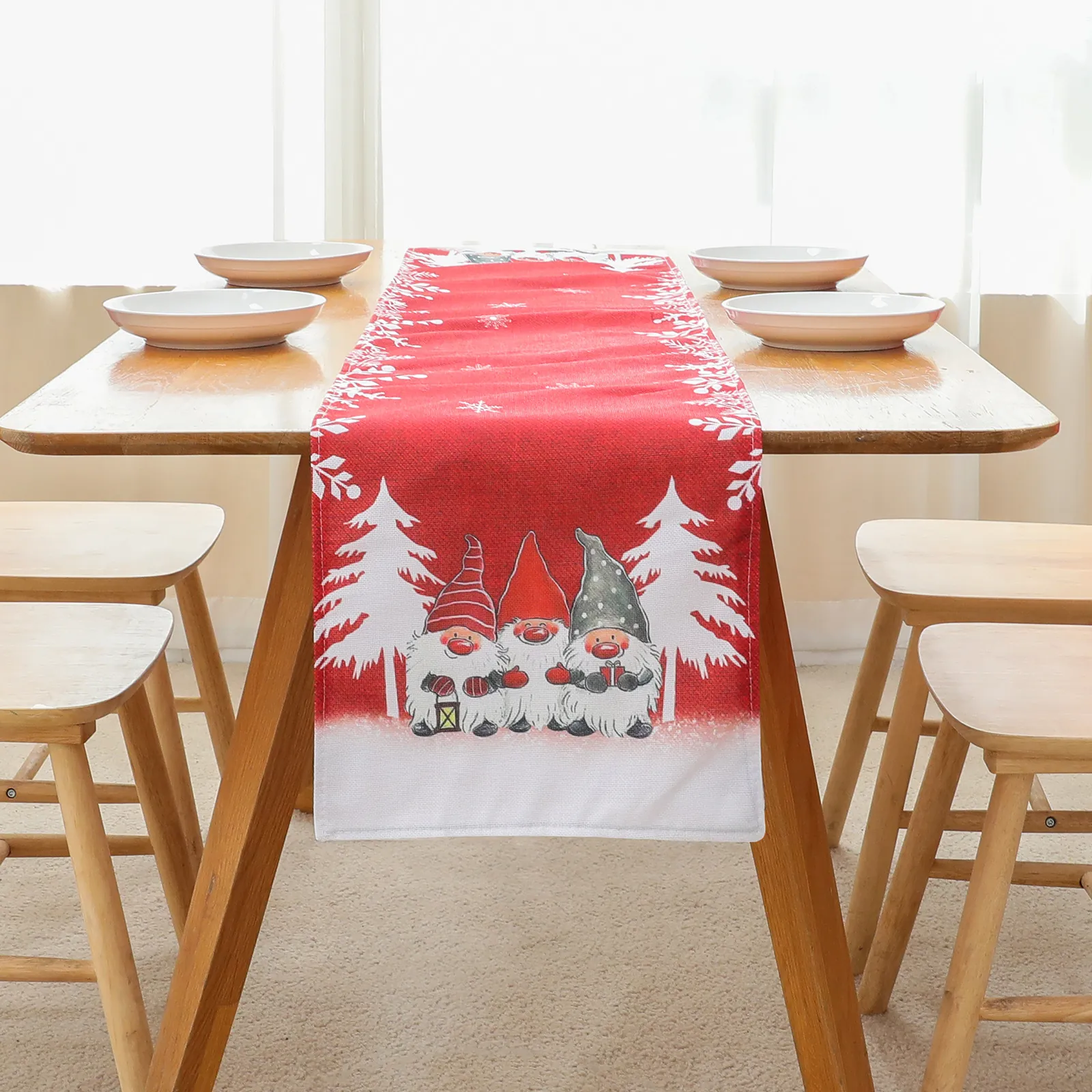 Christmas Red Gnomes Table Runner Snowflake Printed Tablecloth For Holiday Home Dining Table Decoration Nordic Gnome Design