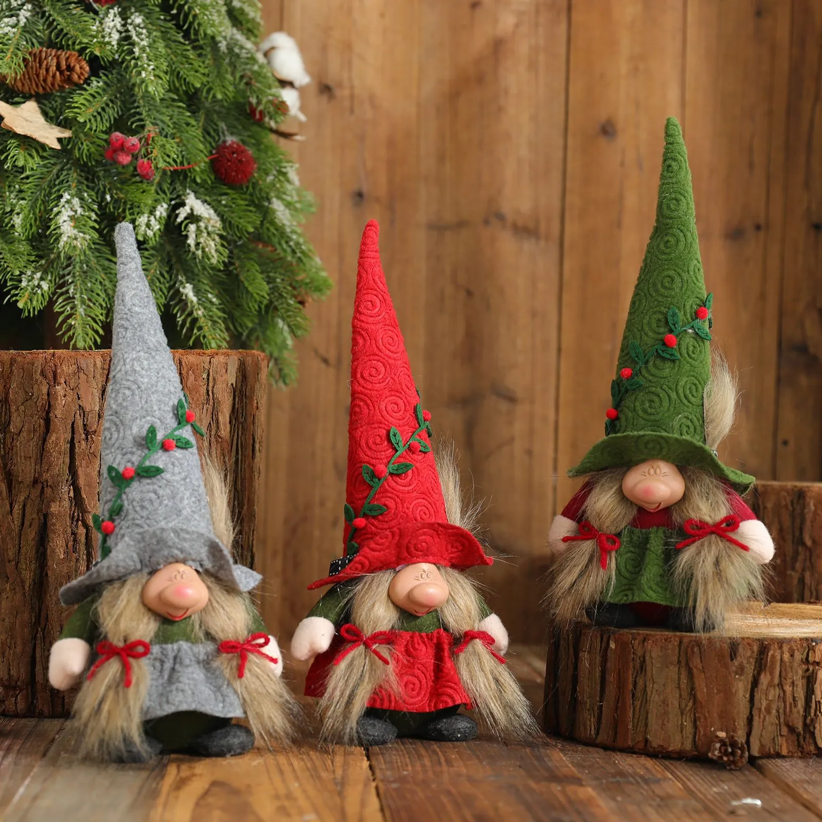 Scandinavian Christmas Faceless Gnome Plush Doll Decoration Red Green Gray Pointed Hat With Berry Vine Home Holiday Decor