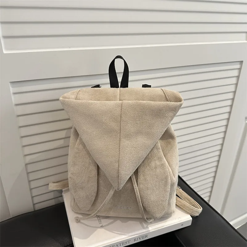 Korean Fashion Faux Suede Backpack For Women Cute Rabbit Ears Drawstring Large Capacity Commuter School Casual Travel Bag