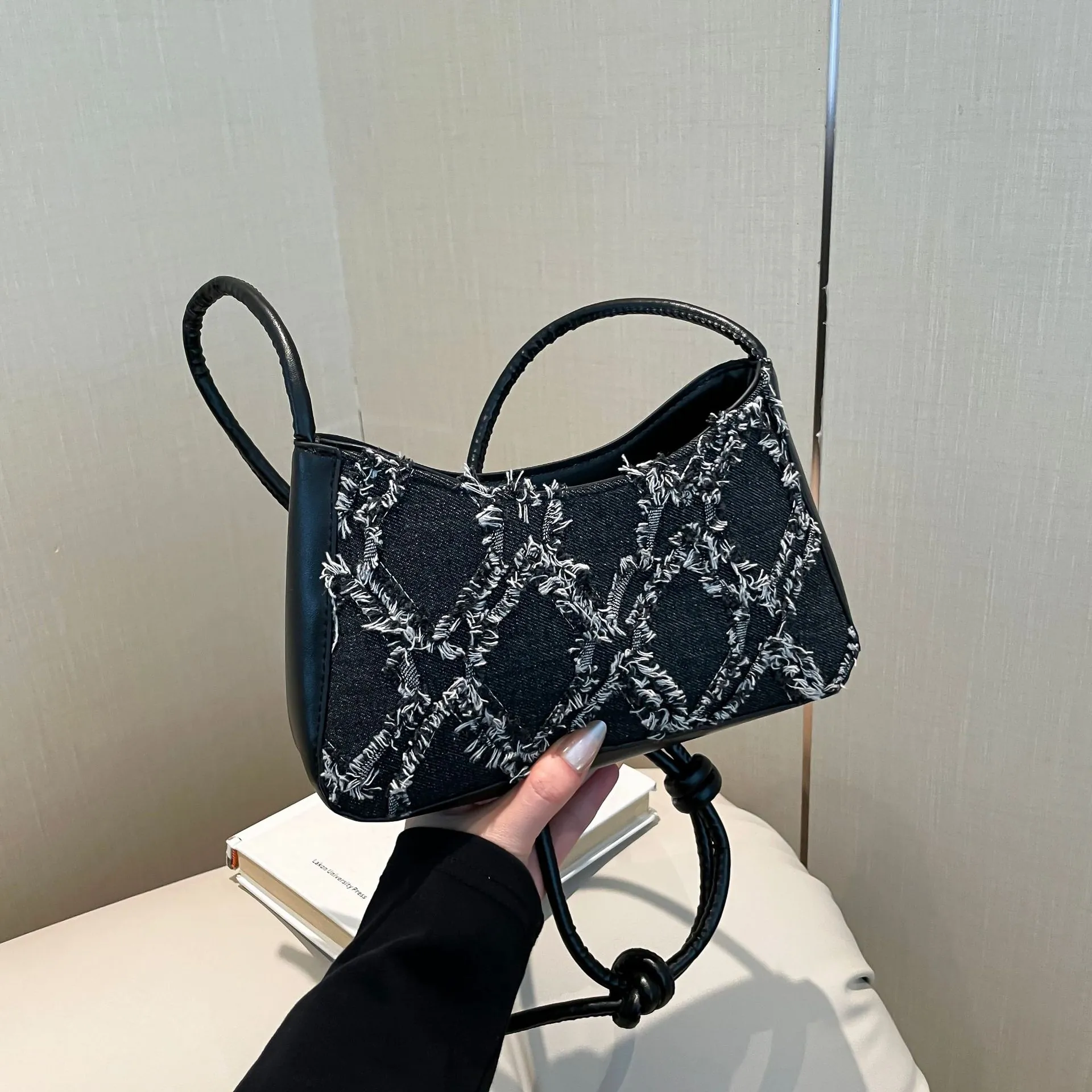 Women Quilted Frayed Denim Underarm Bag Modern Contrast Color PU Leather Shoulder Bag Trendy Knot Strap Handbag For Daily