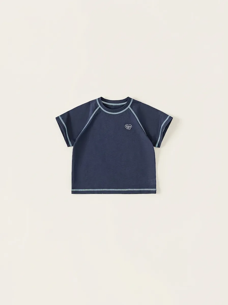 Boys Summer Cotton Blend T-Shirt Raglan Sleeve Contrast Stitching Letter Heart Graphic Casual Round Neck Kids Top